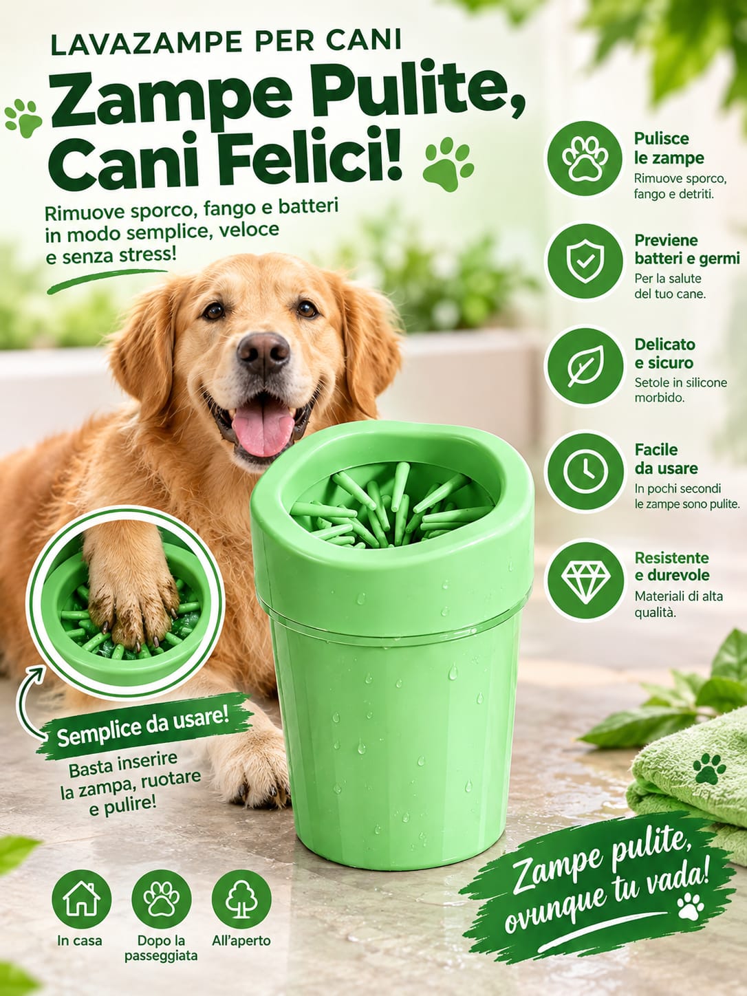 Lavazampe per cani con golden retriever: zampe pulite in pochi secondi