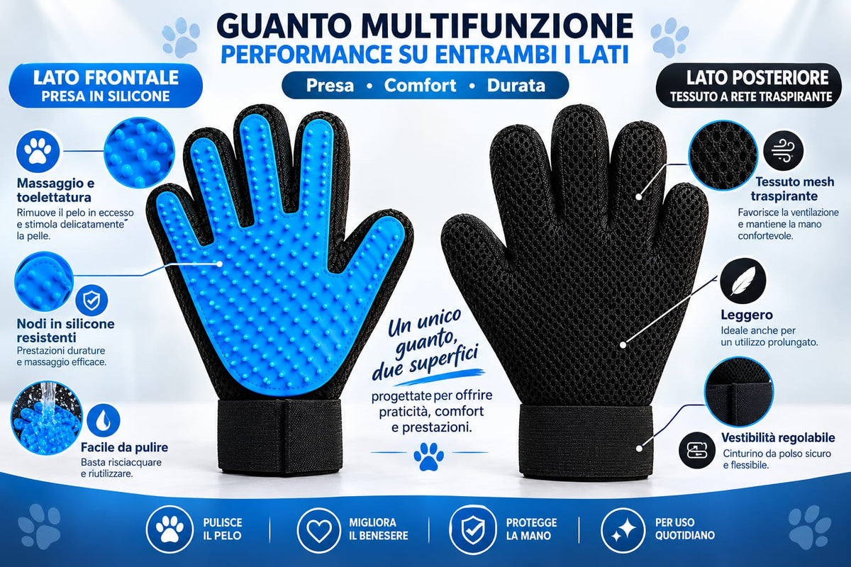 Guanto toelettatura multifunzione: lato in silicone e lato in rete traspirante