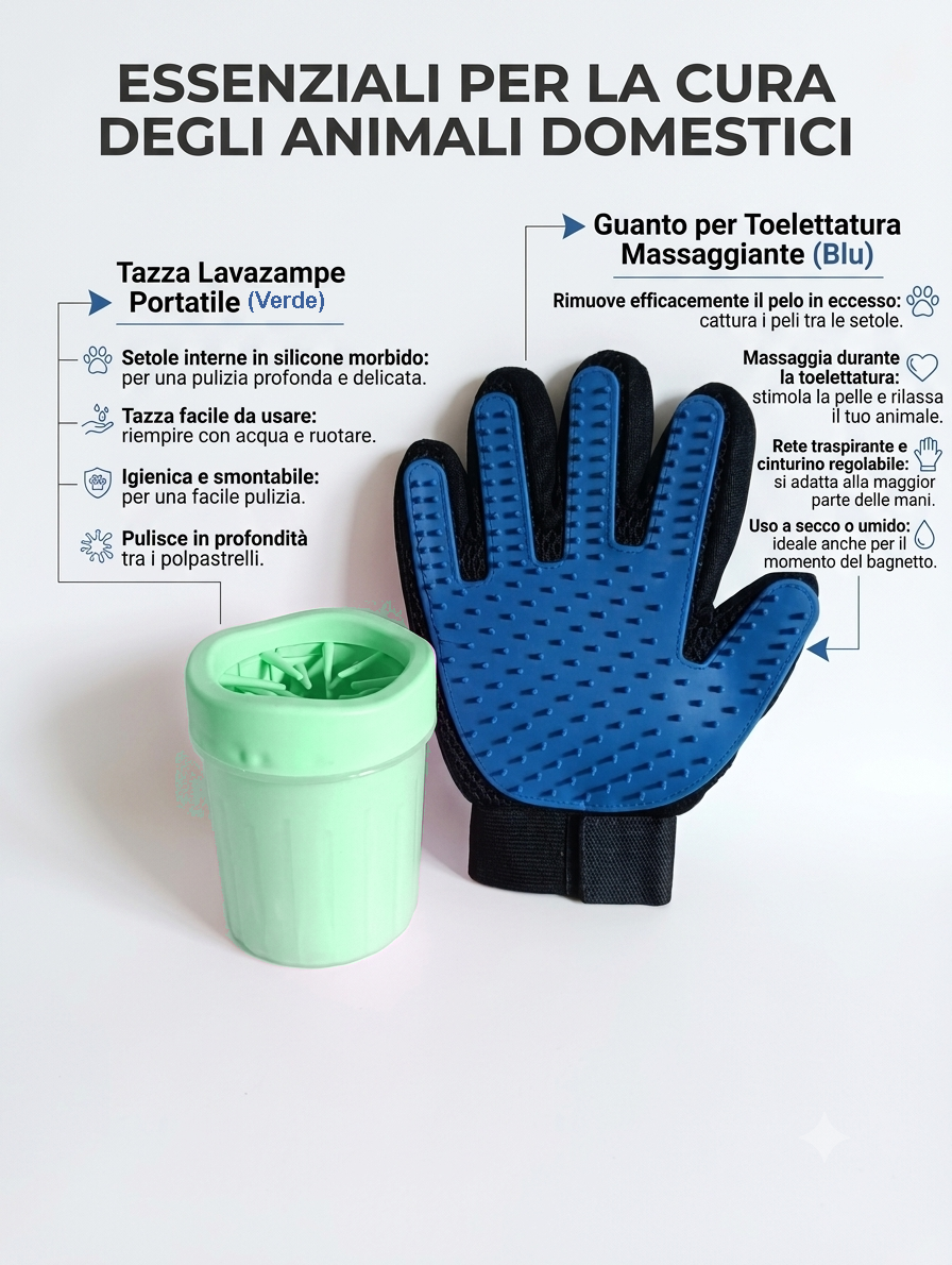 Kit Firdix: lavazampe portatile e guanto toelettatura per cani e gatti